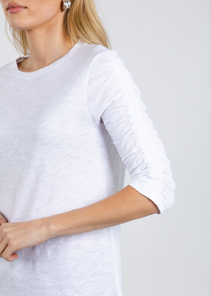 Elliott Lauren Crissy Crew Neck Ruched Sleeve Tee in White available at Barbara Katz