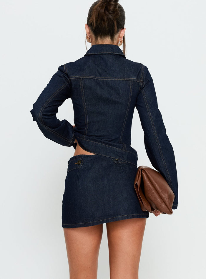 back view of model wearing Princess Polly Cristen Cadet Denim Mini Skirt Indigo Mini Skirts