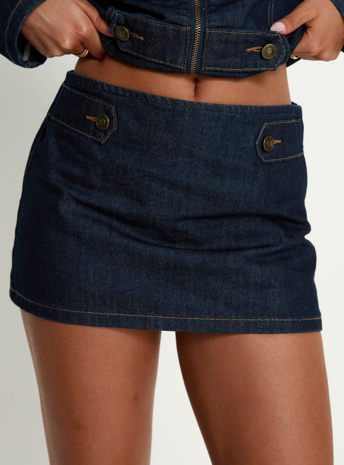 back view of model wearing Princess Polly Cristen Cadet Denim Mini Skirt Indigo Mini Skirts