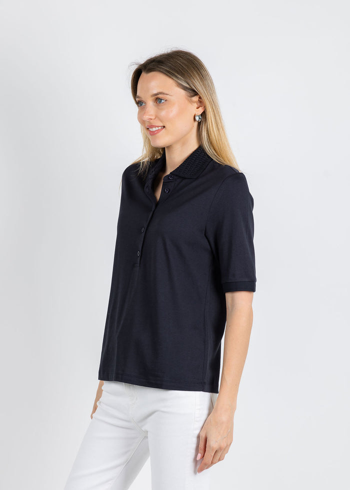 Margittes Crochet Collar Polo in Navy available at Barbara Katz