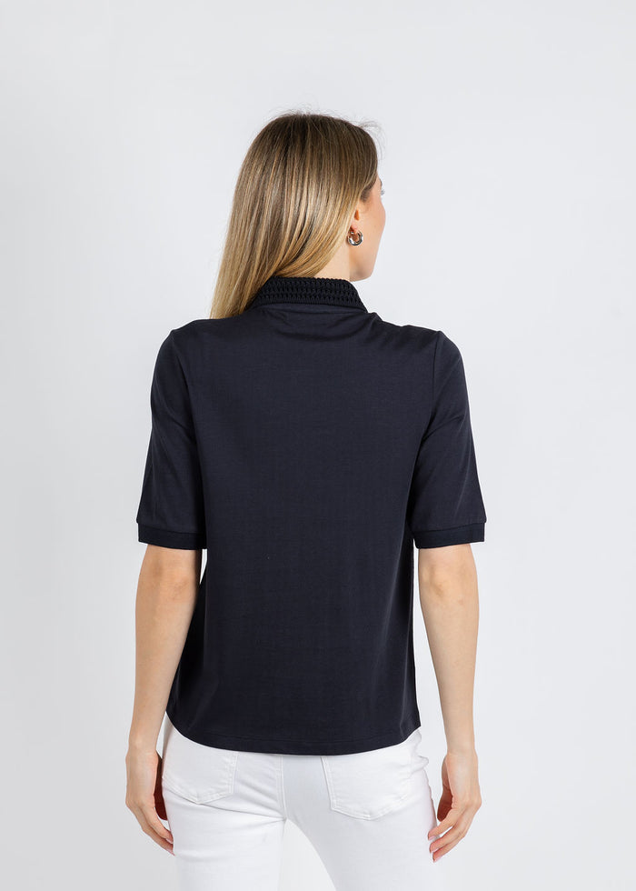 Margittes Crochet Collar Polo in Navy available at Barbara Katz