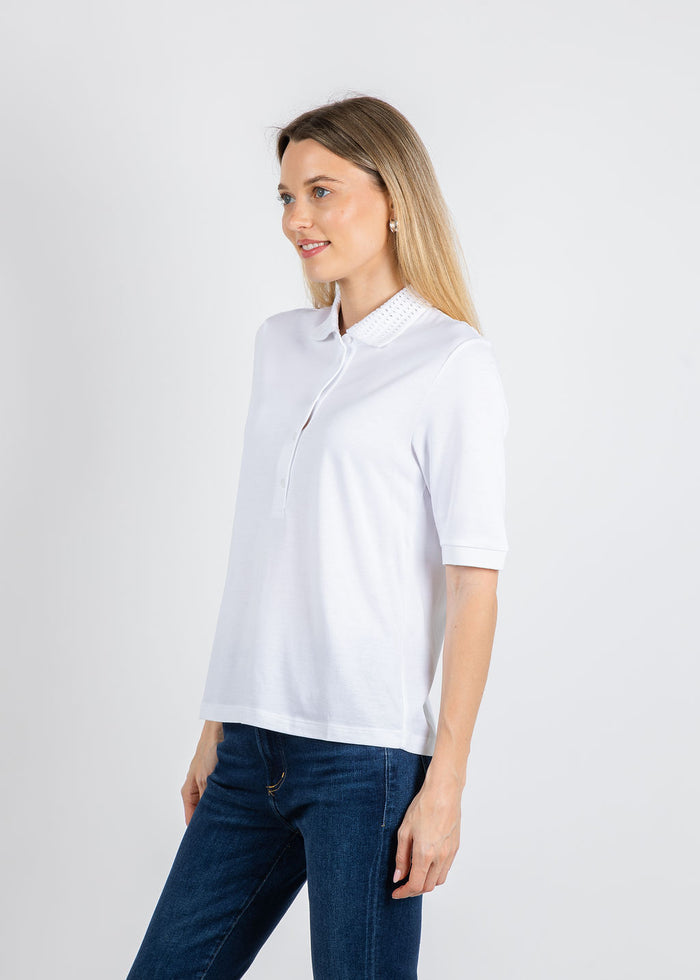 Margittes Crochet Collar Polo in White available at Barbara Katz
