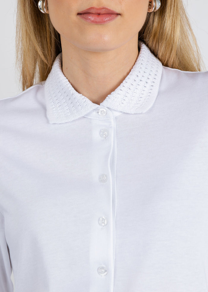 Margittes Crochet Collar Polo in White available at Barbara Katz