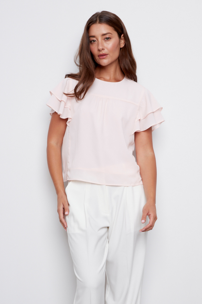 Adroit Atelier Crystelle Popover Blouse With Ruffle Detailing in Pink available at Barbara Katz