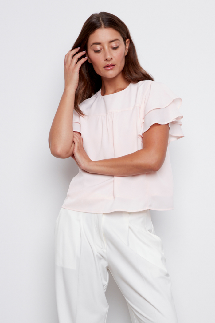 Adroit Atelier Crystelle Popover Blouse With Ruffle Detailing in Pink available at Barbara Katz