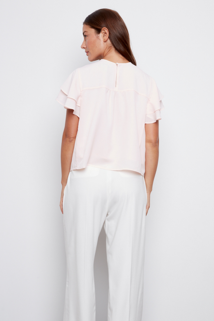 Adroit Atelier Crystelle Popover Blouse With Ruffle Detailing in Pink available at Barbara Katz