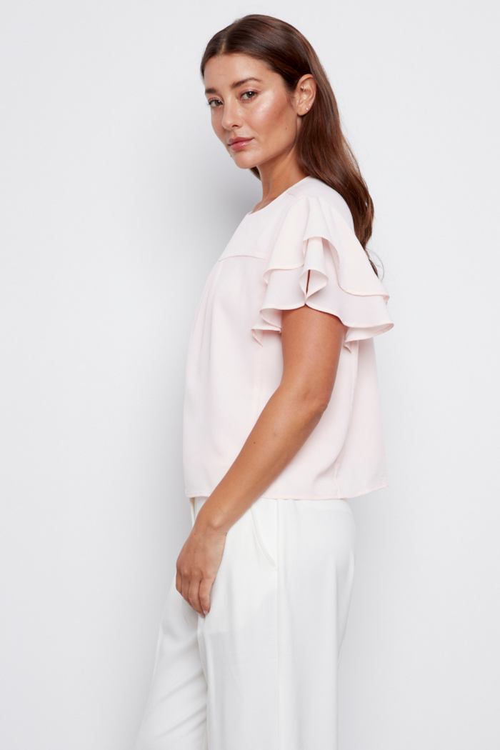 Adroit Atelier Crystelle Popover Blouse With Ruffle Detailing in Pink available at Barbara Katz
