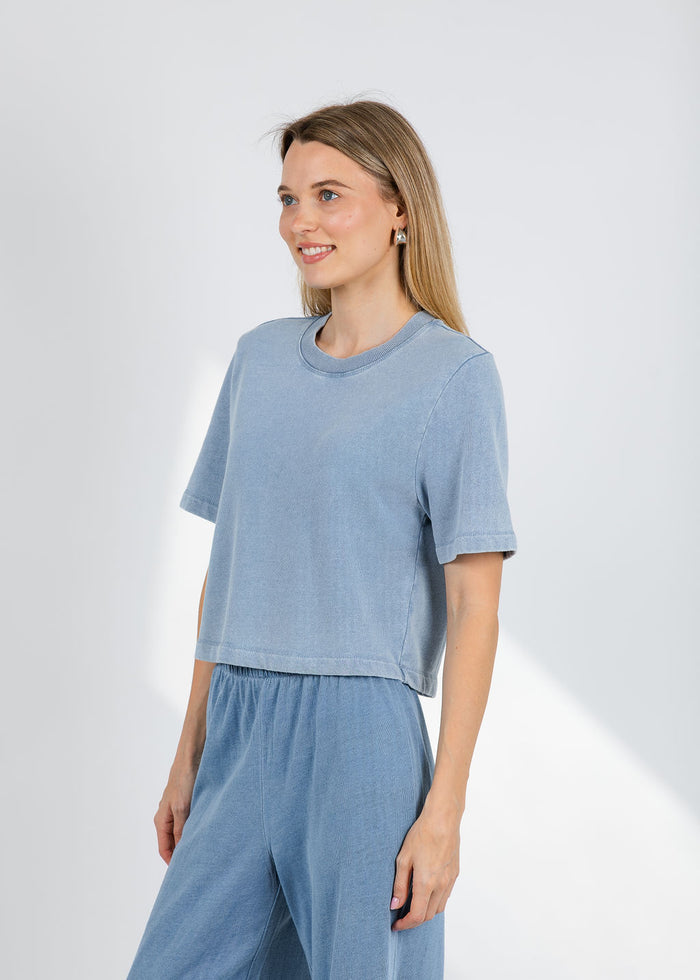 Z Supply Curran Knit Denim Sweatshirt in Ocean Air Indigo available at Barbara Katz