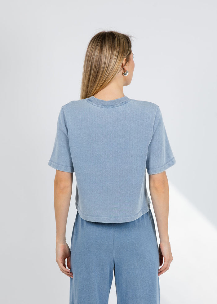 Z Supply Curran Knit Denim Sweatshirt in Ocean Air Indigo available at Barbara Katz