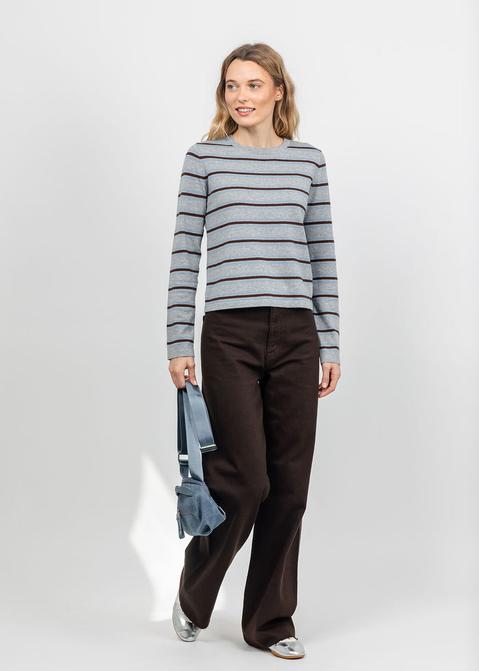 Rails Davie Long Sleeve Tee in Heather Sky paired with Pistola Penny High Rise Wide Leg Jeans in Mocha available at Barbara Katz