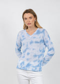 Elliott Lauren Daydreaming Printed V Neck Sweater in Chambray available at Barbara Katz