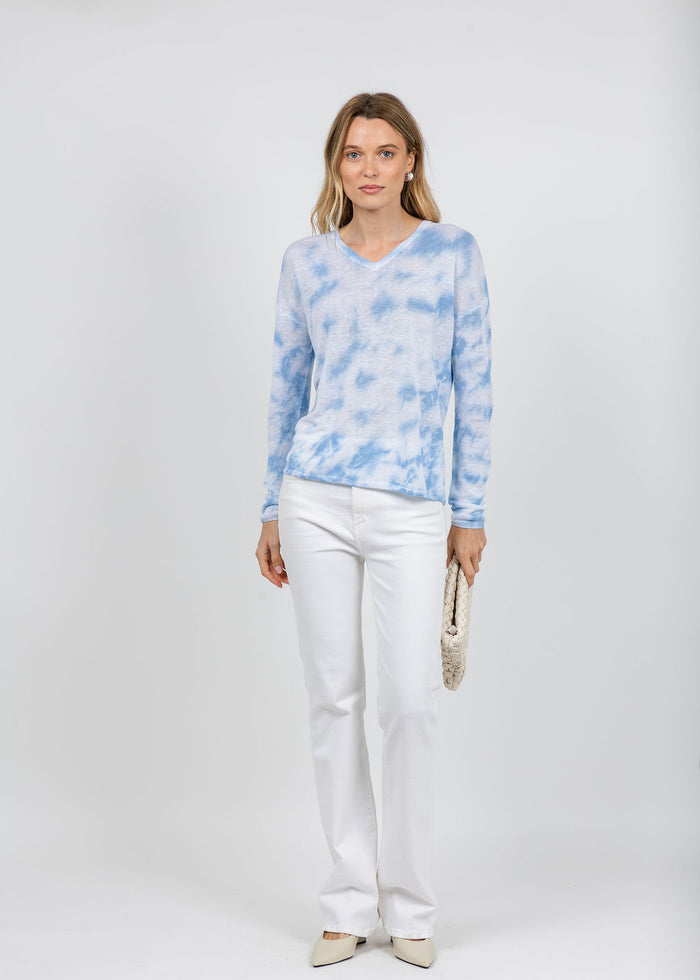 Elliott Lauren Daydreaming Printed V Neck Sweater in Chambray available at Barbara Katz