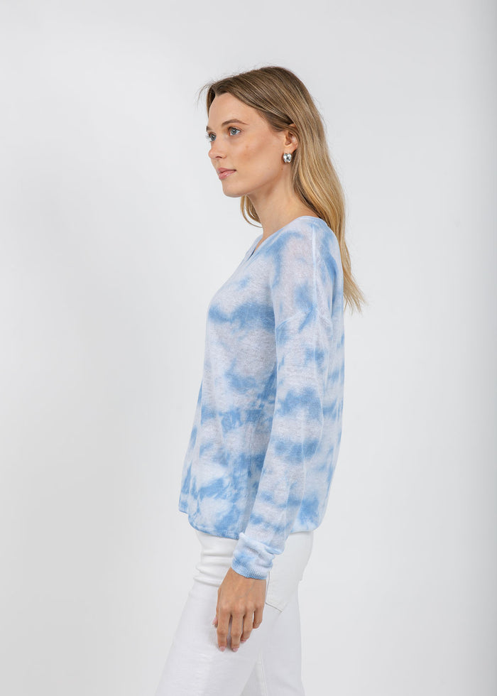 Elliott Lauren Daydreaming Printed V Neck Sweater in Chambray available at Barbara Katz