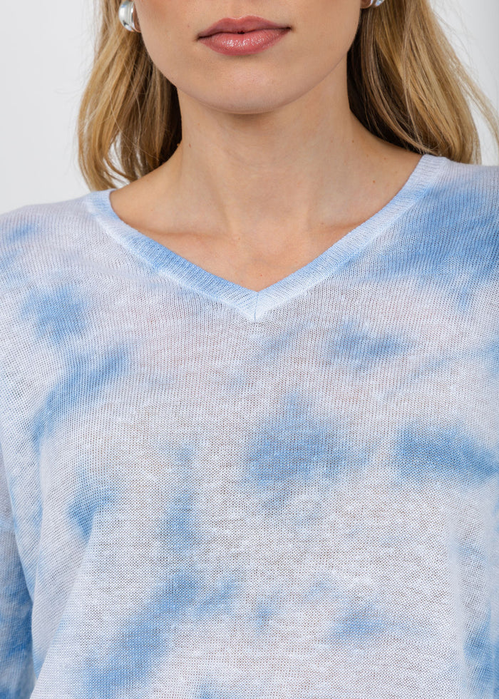 Elliott Lauren Daydreaming Printed V Neck Sweater in Chambray available at Barbara Katz