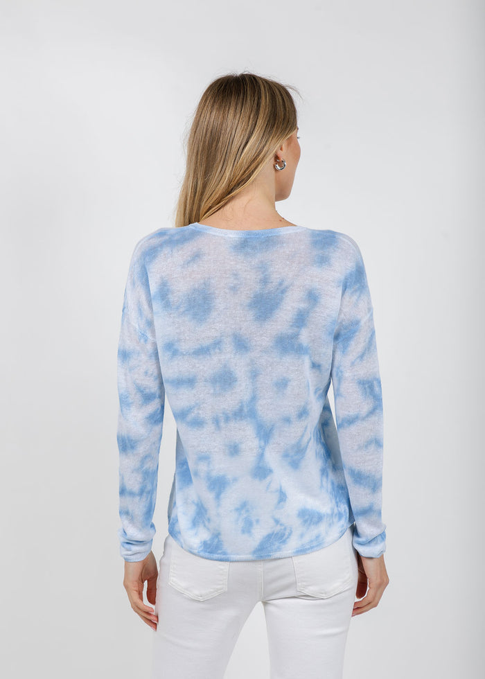 Elliott Lauren Daydreaming Printed V Neck Sweater in Chambray available at Barbara Katz