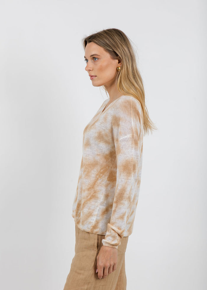 Elliott Lauren Daydreaming Printed V Neck Sweater in Latte available at Barbara Katz