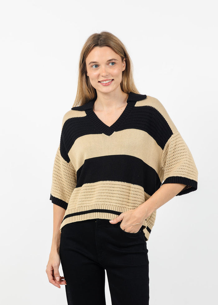 Central Park West Dean Mixed Stitch Rugby Sweater in Black/Beige available at Barbara Katz
