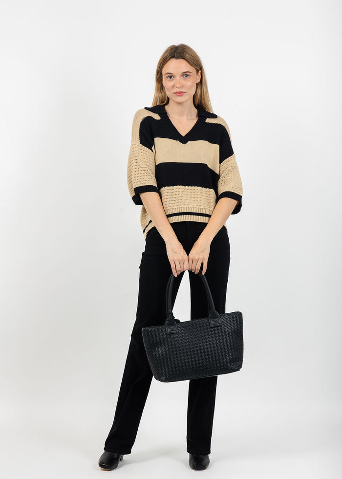 Central Park West Dean Mixed Stitch Rugby Sweater in Black/Beige available at Barbara Katz