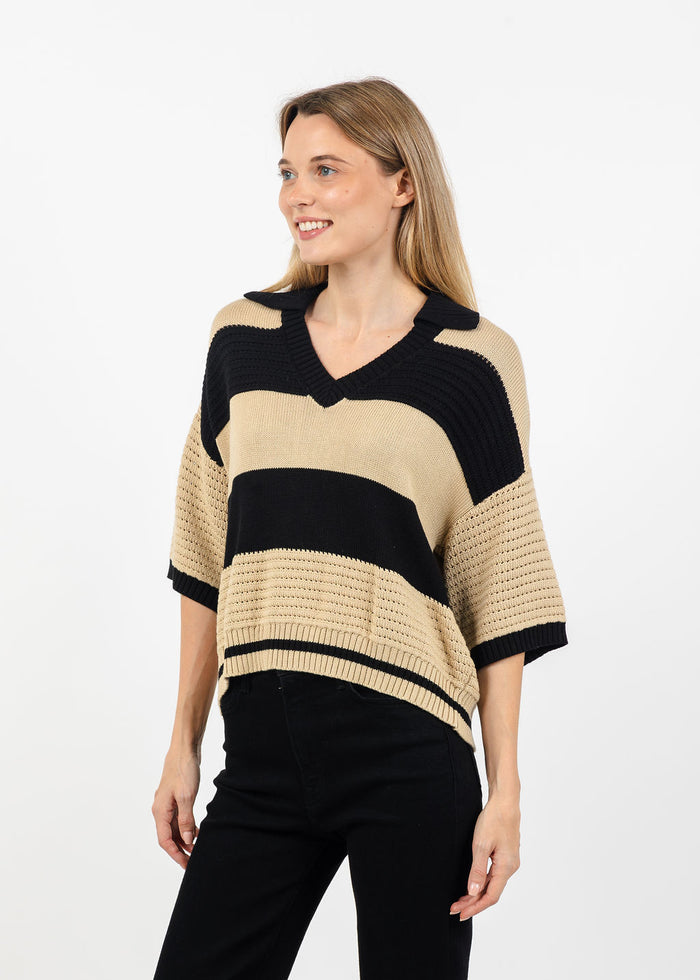 Central Park West Dean Mixed Stitch Rugby Sweater in Black/Beige available at Barbara Katz