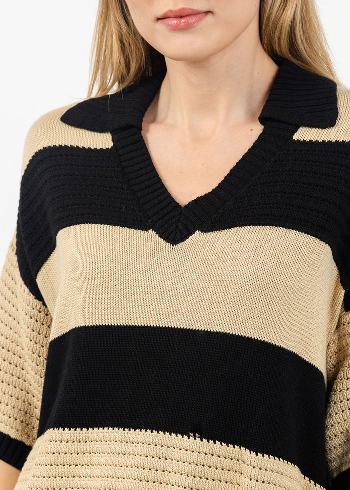 Central Park West Dean Mixed Stitch Rugby Sweater in Black/Beige available at Barbara Katz
