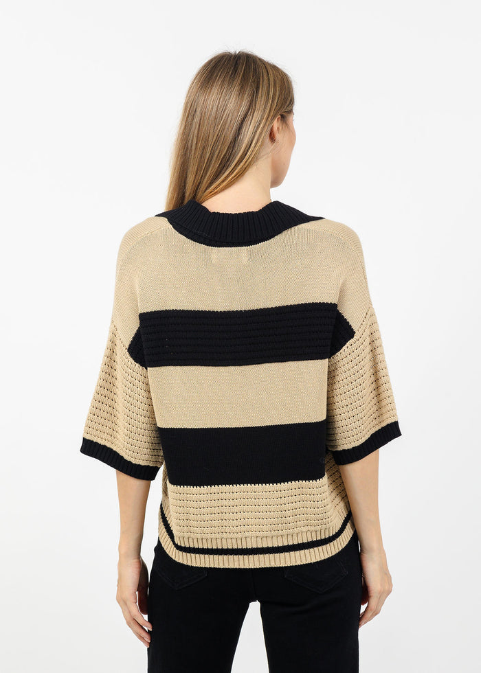Central Park West Dean Mixed Stitch Rugby Sweater in Black/Beige available at Barbara Katz