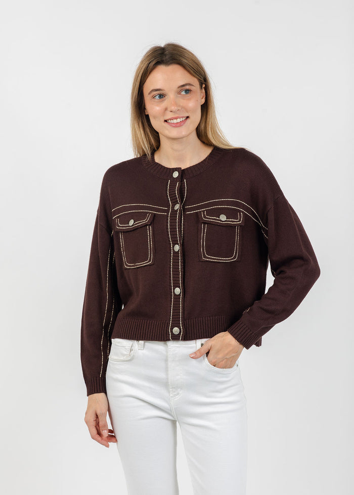 Central Park West Dean Topstitch Sweater in Chocolate available at Barbara Katz