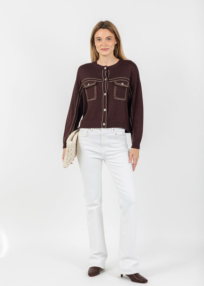 Central Park West Dean Topstitch Sweater in Chocolate available at Barbara Katz