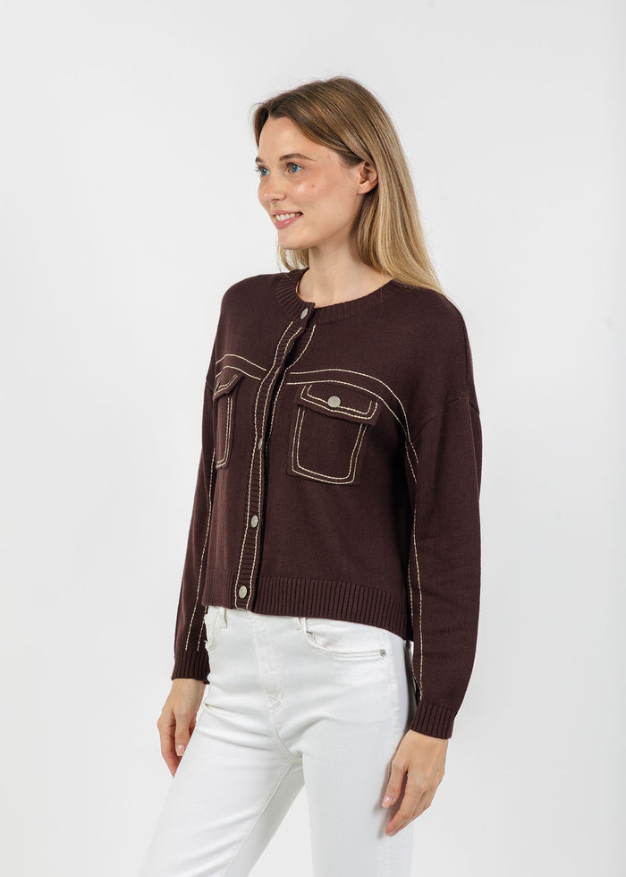 Central Park West Dean Topstitch Sweater in Chocolate available at Barbara Katz