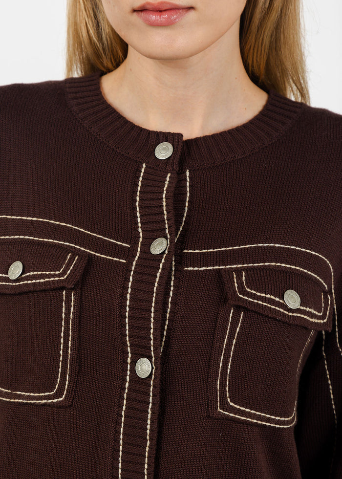 Central Park West Dean Topstitch Sweater in Chocolate available at Barbara Katz