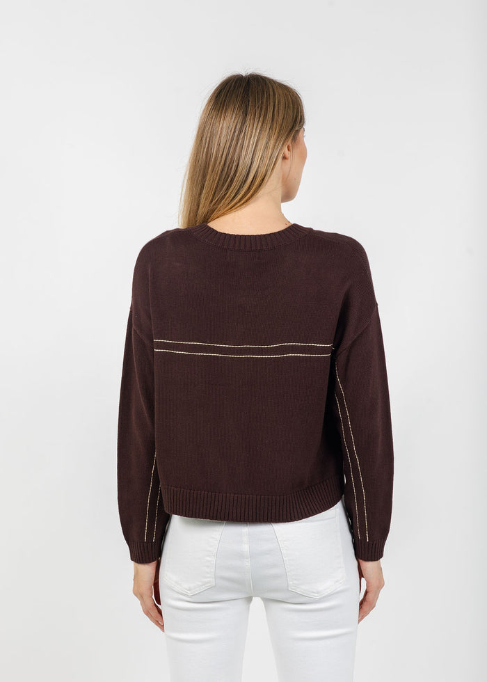Central Park West Dean Topstitch Sweater in Chocolate available at Barbara Katz
