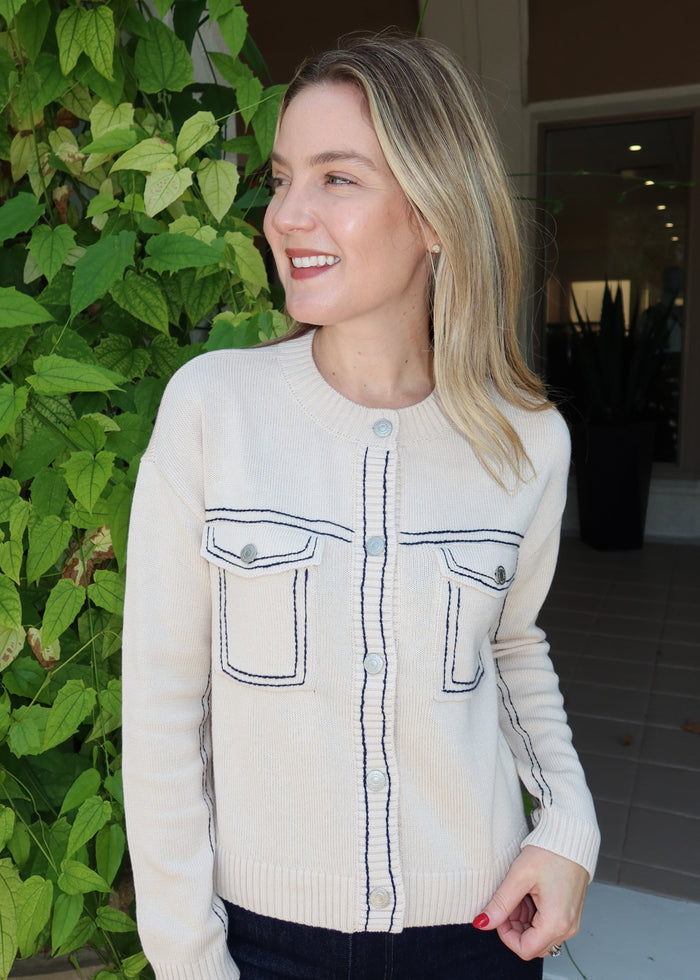 Central Park West Dean Topstitch Sweater in Oat available at Barbara Katz