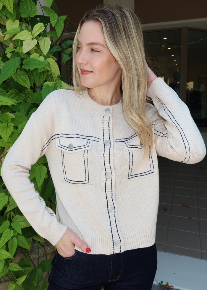 Central Park West Dean Topstitch Sweater in Oat available at Barbara Katz