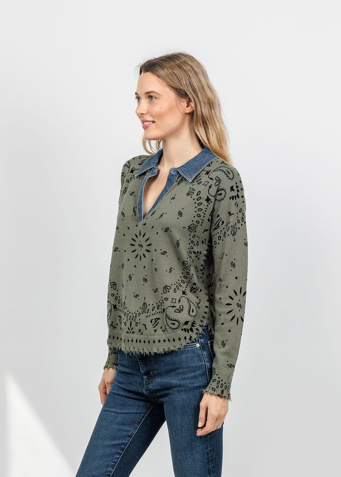 J Society Denim Collar Bandana Top in Moss available at Barbara Katz