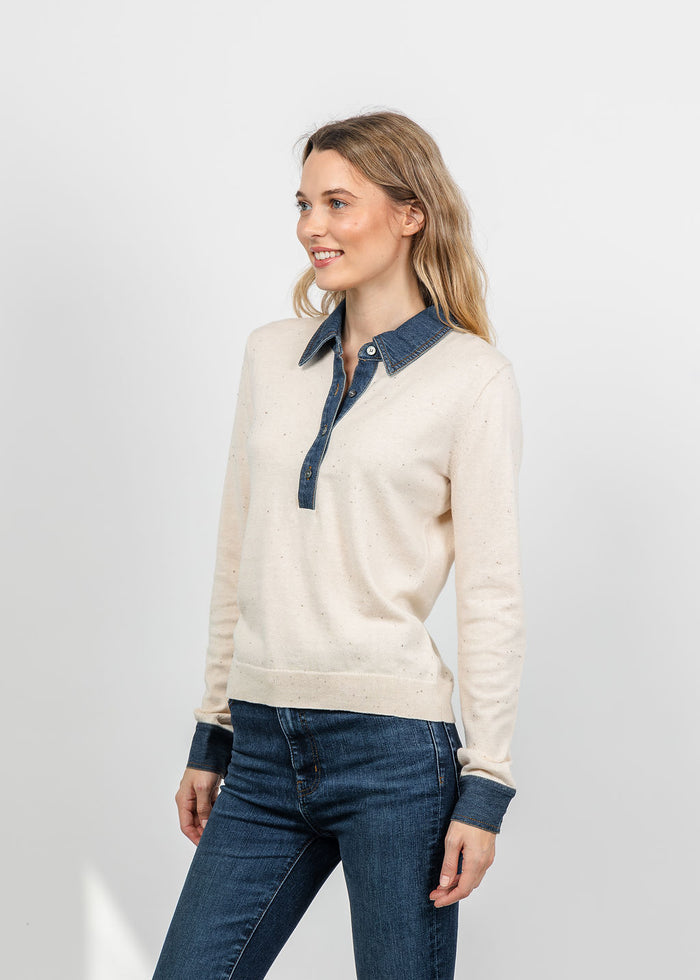 J Society Denim Collar Polo in Cream available at Barbara Katz