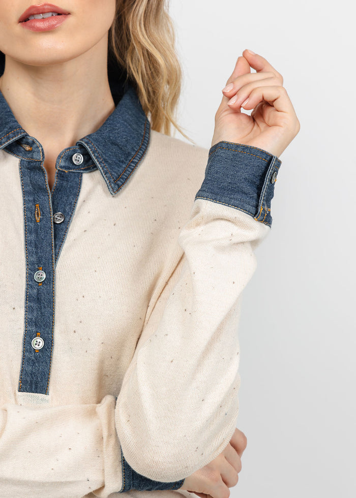 J Society Denim Collar Polo in Cream available at Barbara Katz