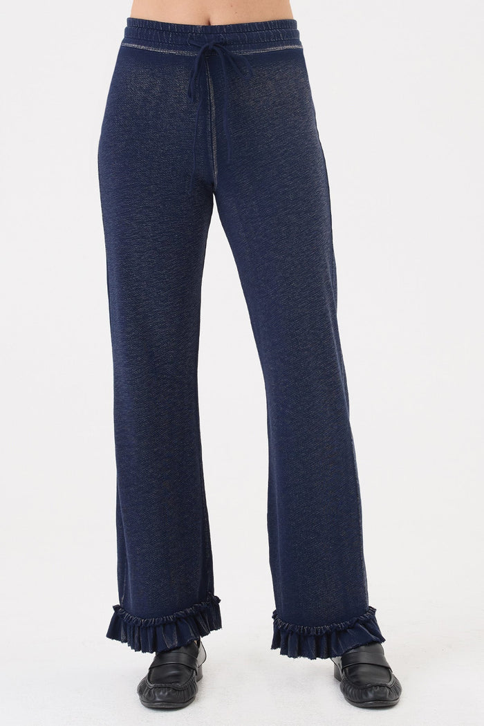 Goldie Denim Wash Ruffle Pants in Navy available at Barbara Katz