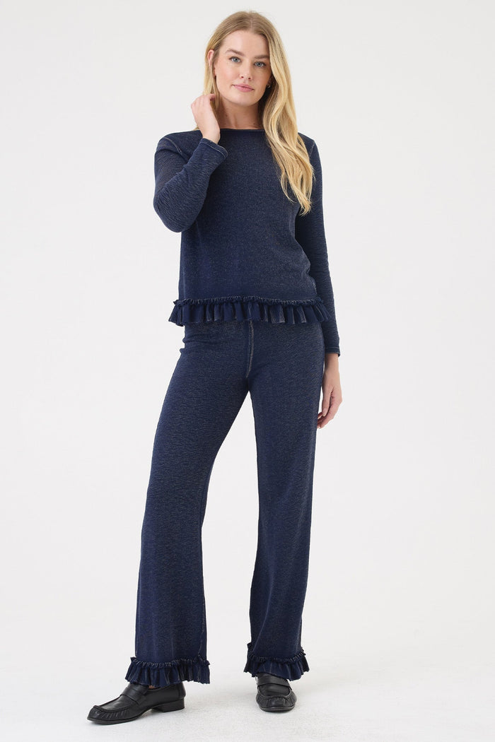 Goldie Denim Wash Ruffle Pants in Navy available at Barbara Katz