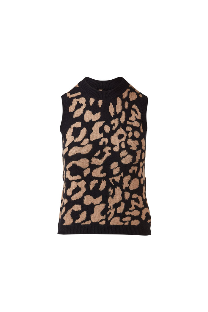 Kinross Double Knit Leopard Sleeveless Crew - Black Multi available at Barbara Katz