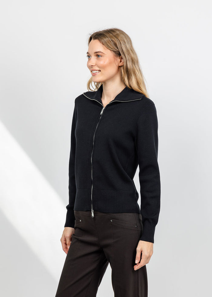 Elliott Lauren Double Zip Modal Knit Sweater in Black available at Barbara Katz
