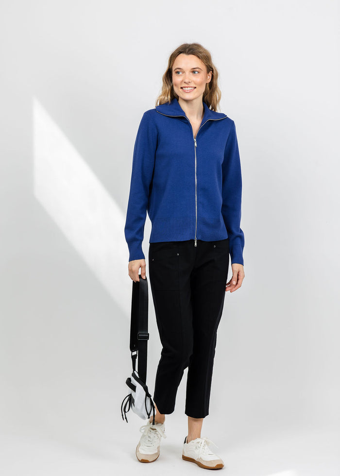 Elliott Lauren Double Zip Modal Knit Sweater in Blueberry available at Barbara Katz