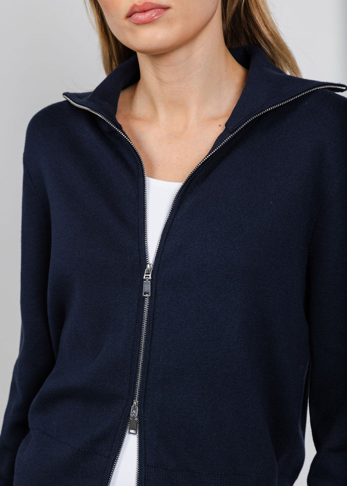 Elliott Lauren Double Zip Modal Knit Sweater in Navy available at Barbara Katz