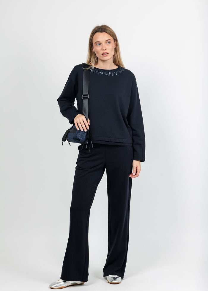 Margittes Sequin Trim Sweatshirt and Drawstring Pants in Marine available at Barbara Katz