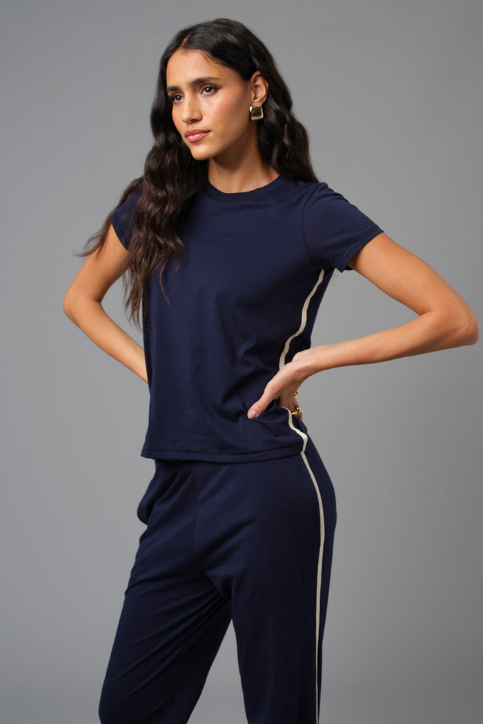 Goldie St. Tropez Tee in Navy paired with Goldie Easy Everyday Pants in Navy available at Barbara Katz