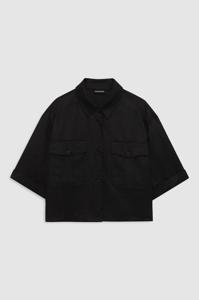ANINE BING Edith Shirt - Black Linen Blend - front view