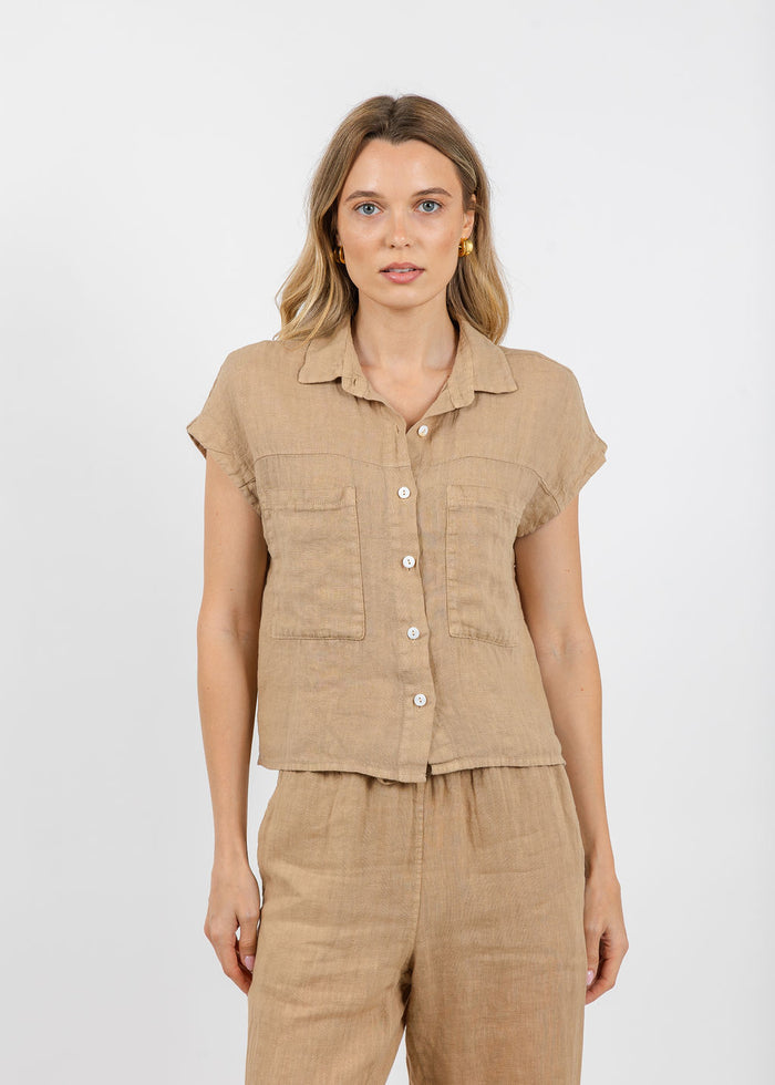 Elliott Lauren Effie Short Sleeve Linen Shirt in Macchiato available at Barbara Katz