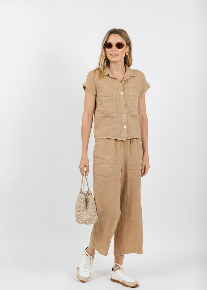 Elliott Lauren Effie Short Sleeve Linen Shirt in Macchiaato paired with matching Drawstring Pull-On Crop Linen Pants available at Barbara Katz