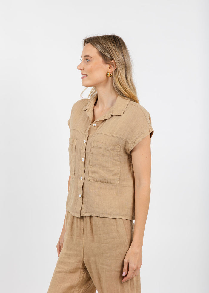 Elliott Lauren Effie Short Sleeve Linen Shirt in Macchiato available at Barbara Katz