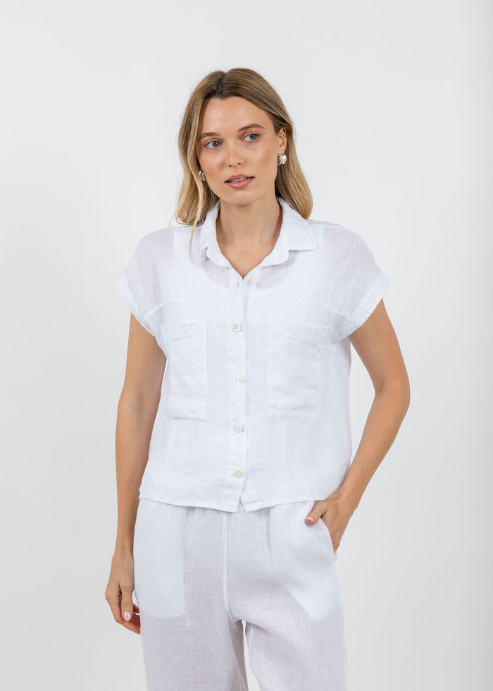 Elliott Lauren Effie Short Sleeve Linen Shirt in White available at Barbara Katz