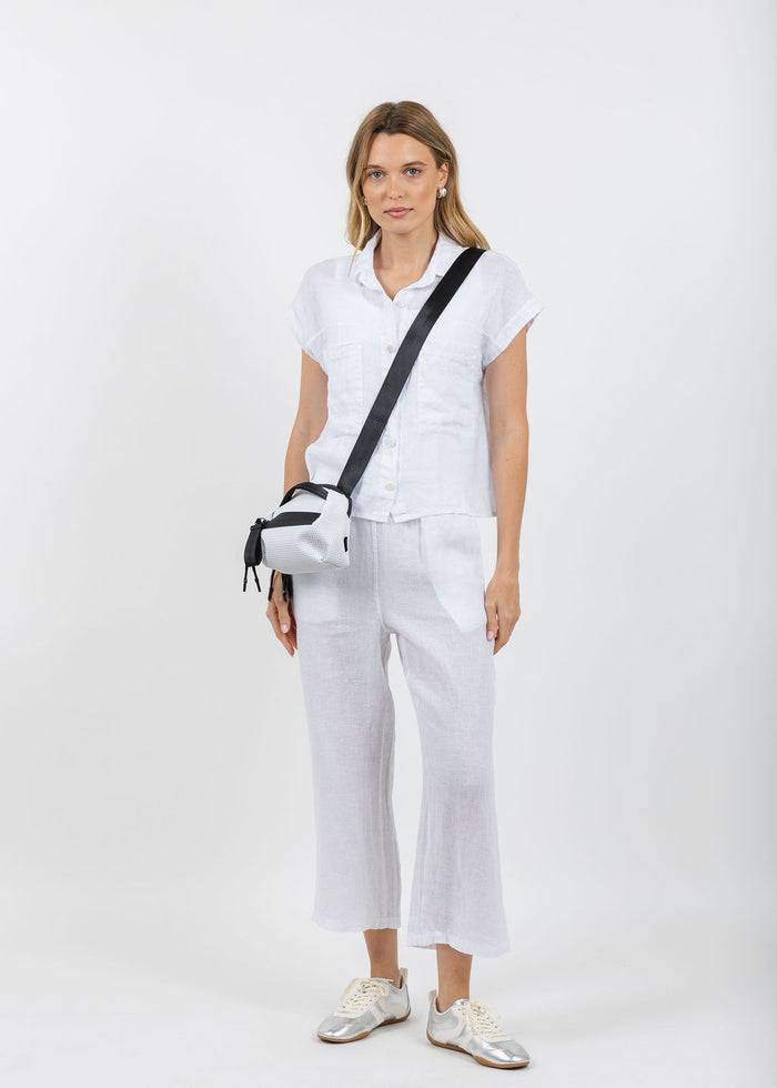 Elliott Lauren Effie Short Sleeve Linen Shirt in White paired with matching Drawstring Pull-On Crop Linen Pants available at Barbara Katz
