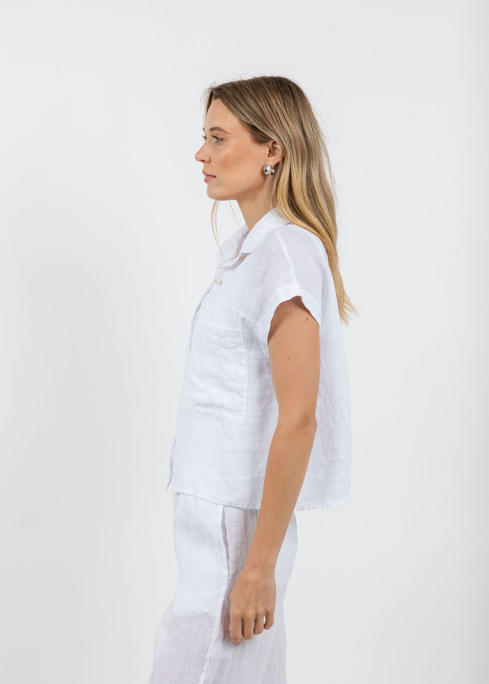 Elliott Lauren Effie Short Sleeve Linen Shirt in White available at Barbara Katz